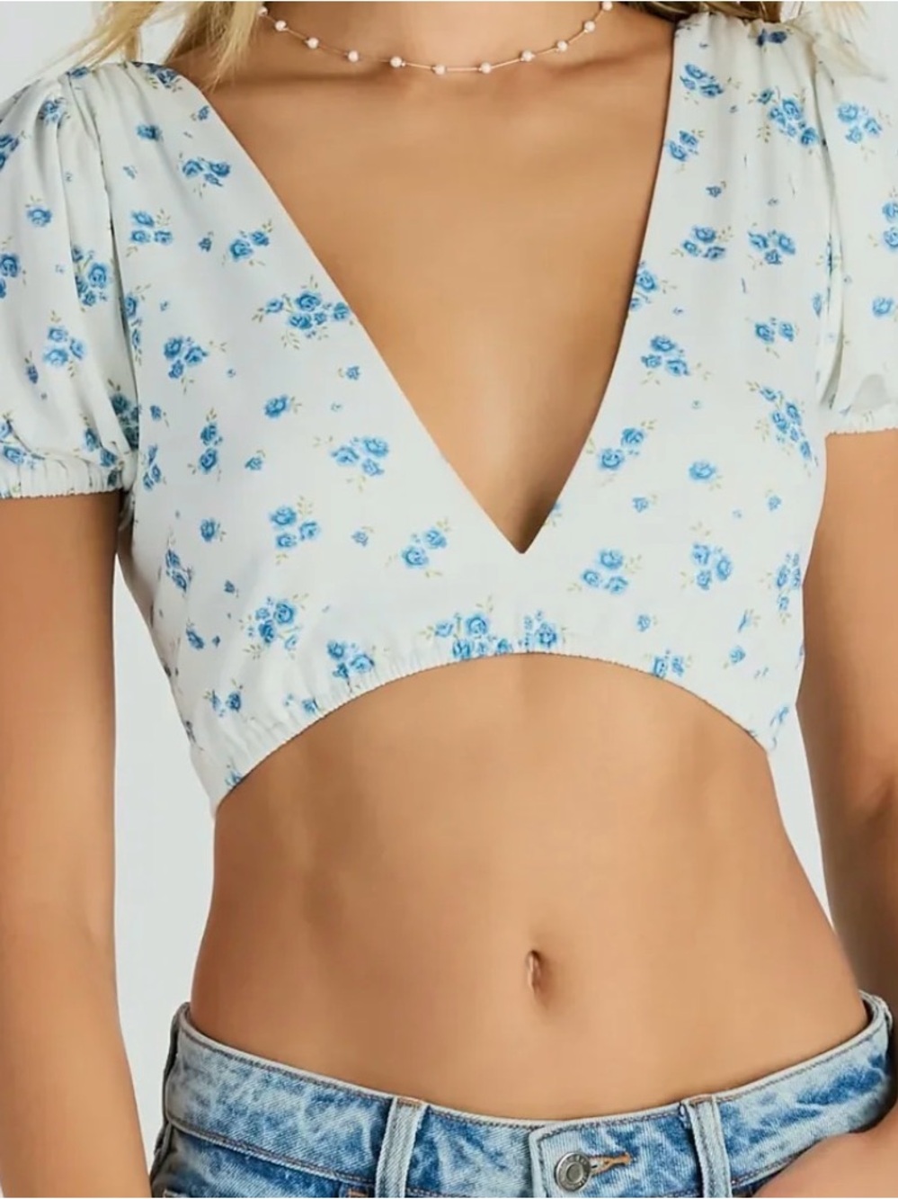 White Crop Top with Blue Floral Print